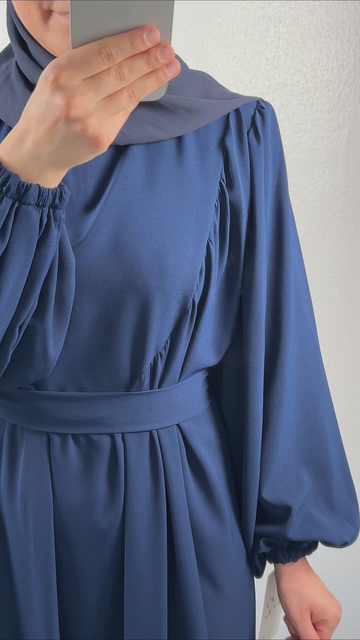 Seda vestido Abaya azul oscuro